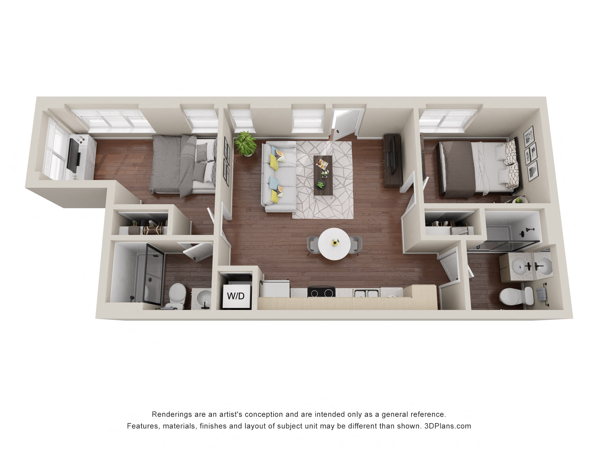 Floor plan for 2 beds, 2 baths, 657 sqft